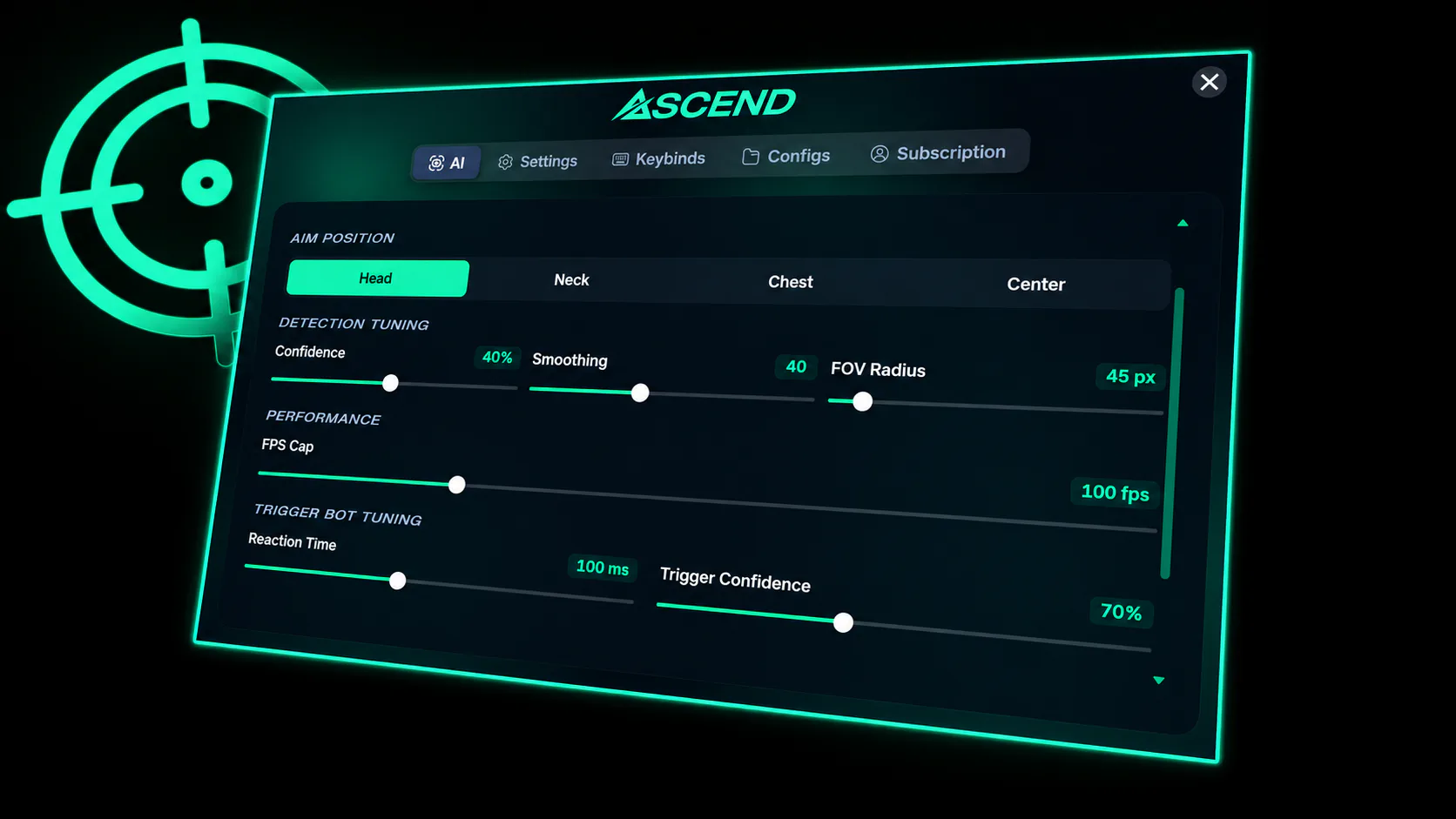 The Ascend AI menu on its AI tab: aim position set to the head, with sliders for confidence, smoothing, FOV radius, an FPS cap, reaction time and trigger confidence.