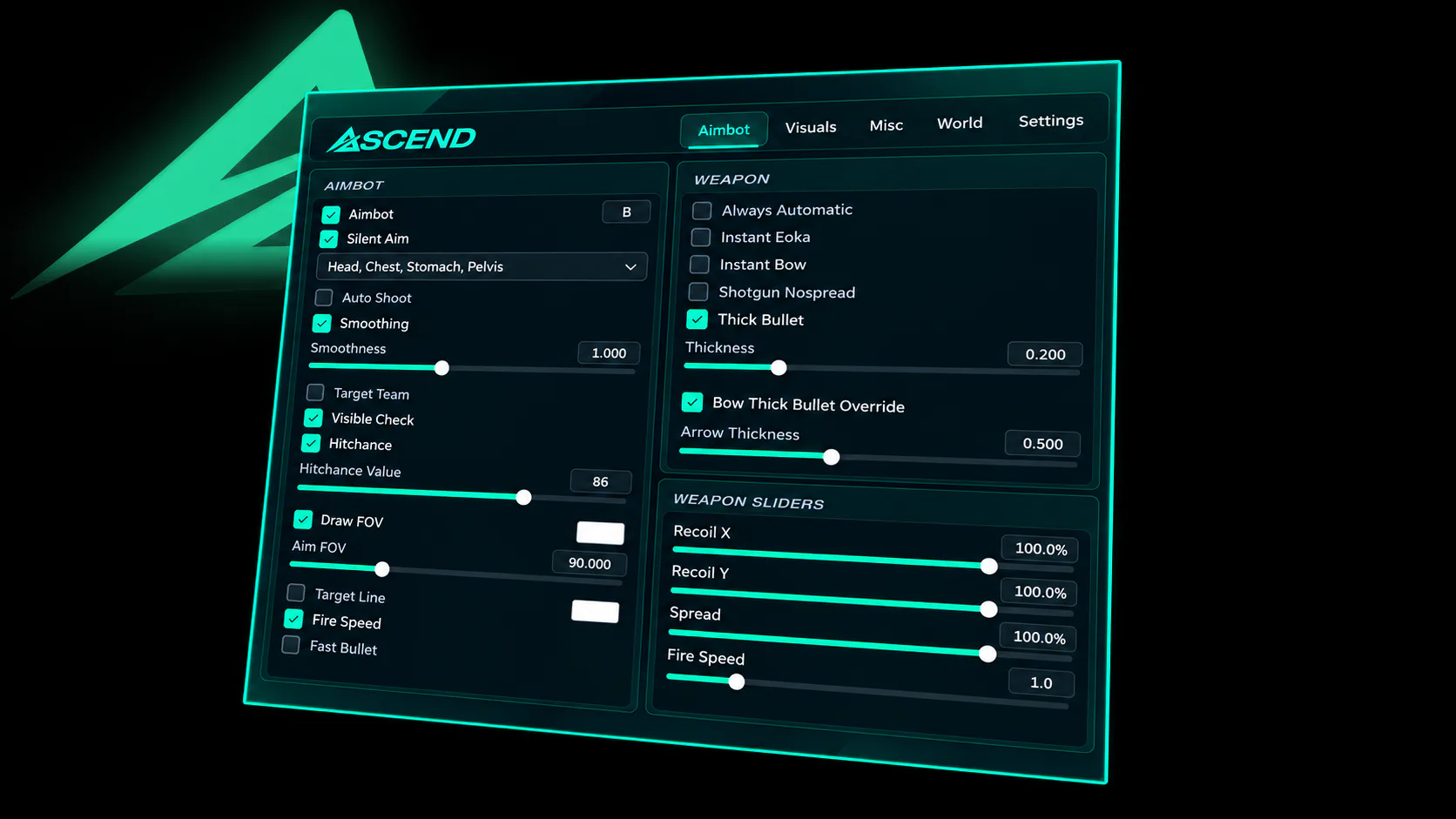 The Ascend External menu on its Aimbot tab: aimbot, silent aim, smoothing, hit chance and FOV settings on the left, and weapon options with recoil, spread and fire speed sliders on the right.