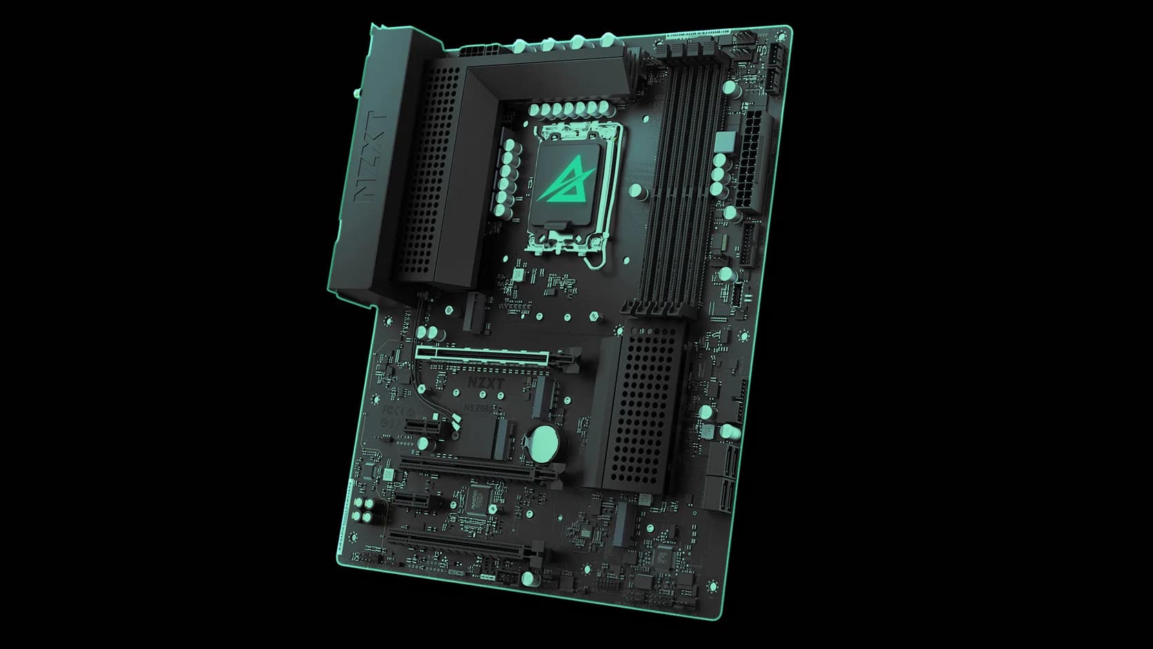 A black motherboard lit in mint, with the Ascend mark glowing on its CPU socket, floating on a black background.