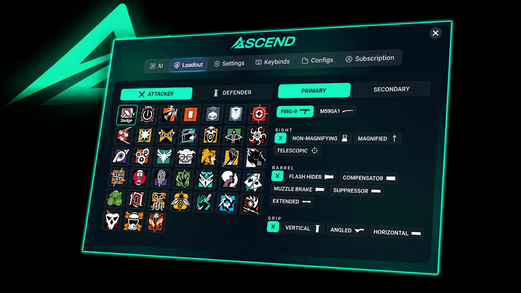 The Ascend R6 AI menu on its Loadout tab: a grid of Rainbow Six Siege attacker icons beside the sight, barrel and grip choices for the FMG-9.
