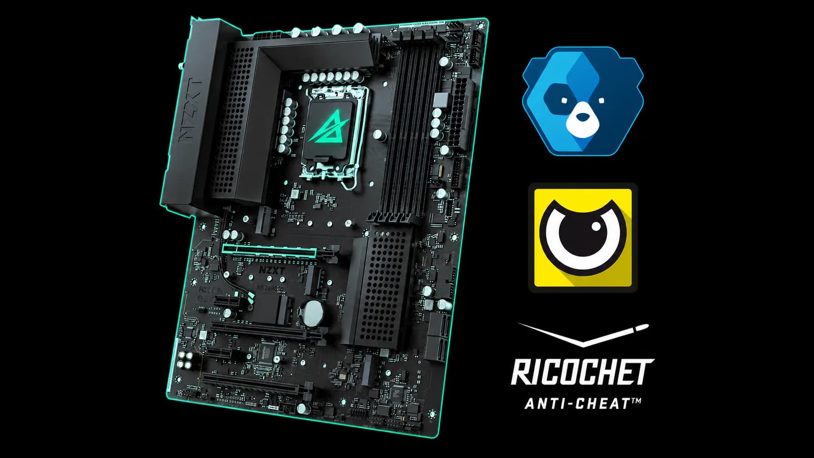 A black motherboard with a mint Ascend mark on its CPU socket, next to three anti-cheat logos, one of them Ricochet Anti-Cheat.